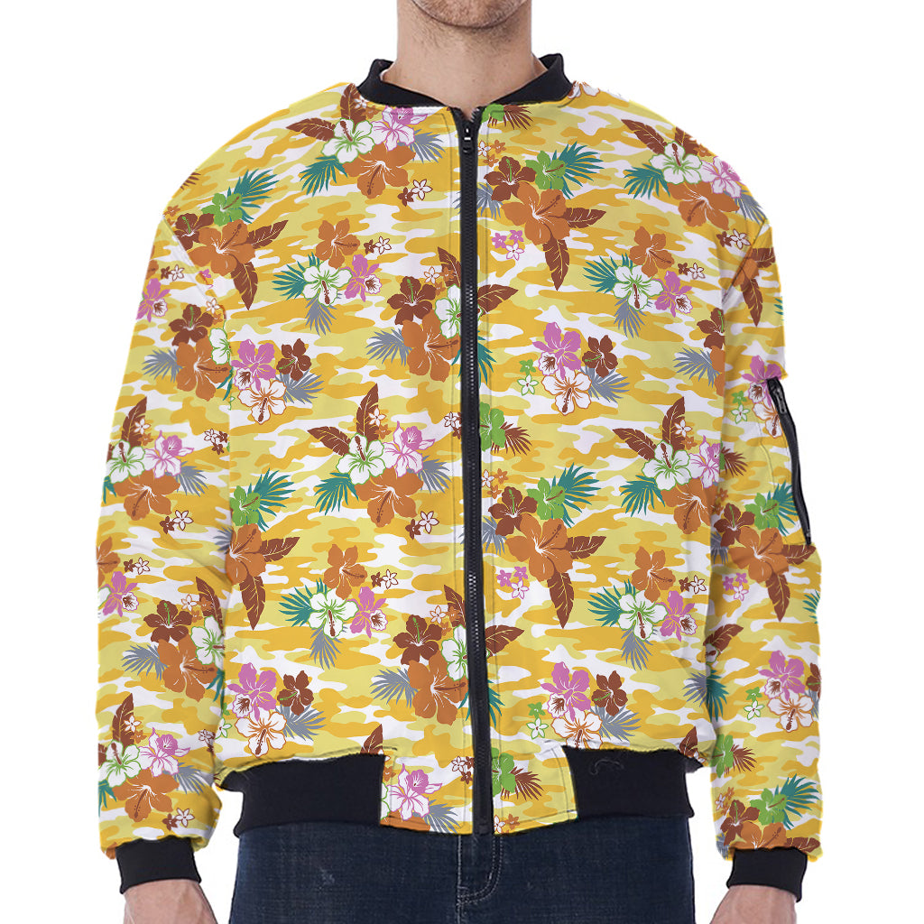 Yellow Camo And Hibiscus Flower Print Zip Sleeve Bomber Jacket