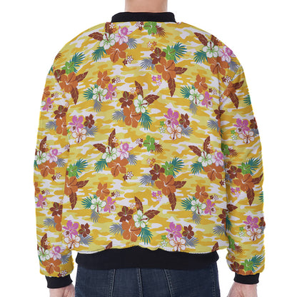 Yellow Camo And Hibiscus Flower Print Zip Sleeve Bomber Jacket