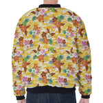 Yellow Camo And Hibiscus Flower Print Zip Sleeve Bomber Jacket