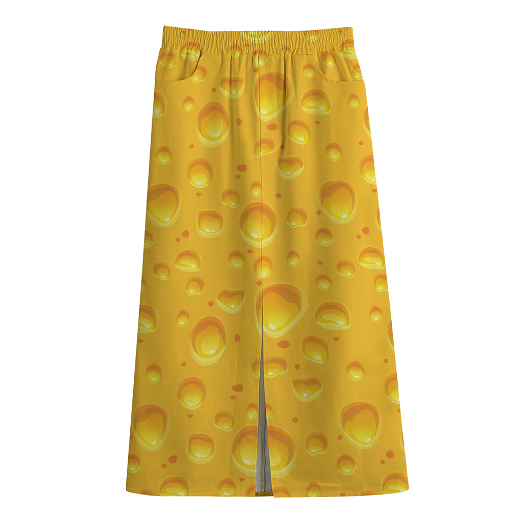 Yellow Cheese Print Cotton Front Slit Maxi Skirt