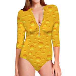 Yellow Cheese Print Long Sleeve Swimsuit