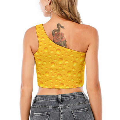Yellow Cheese Print One Shoulder Crop Top