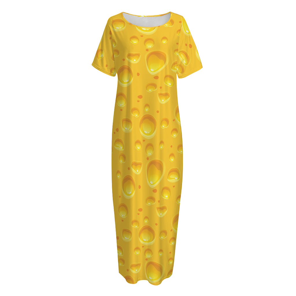 Yellow Cheese Print Short Sleeve Long Nightdress