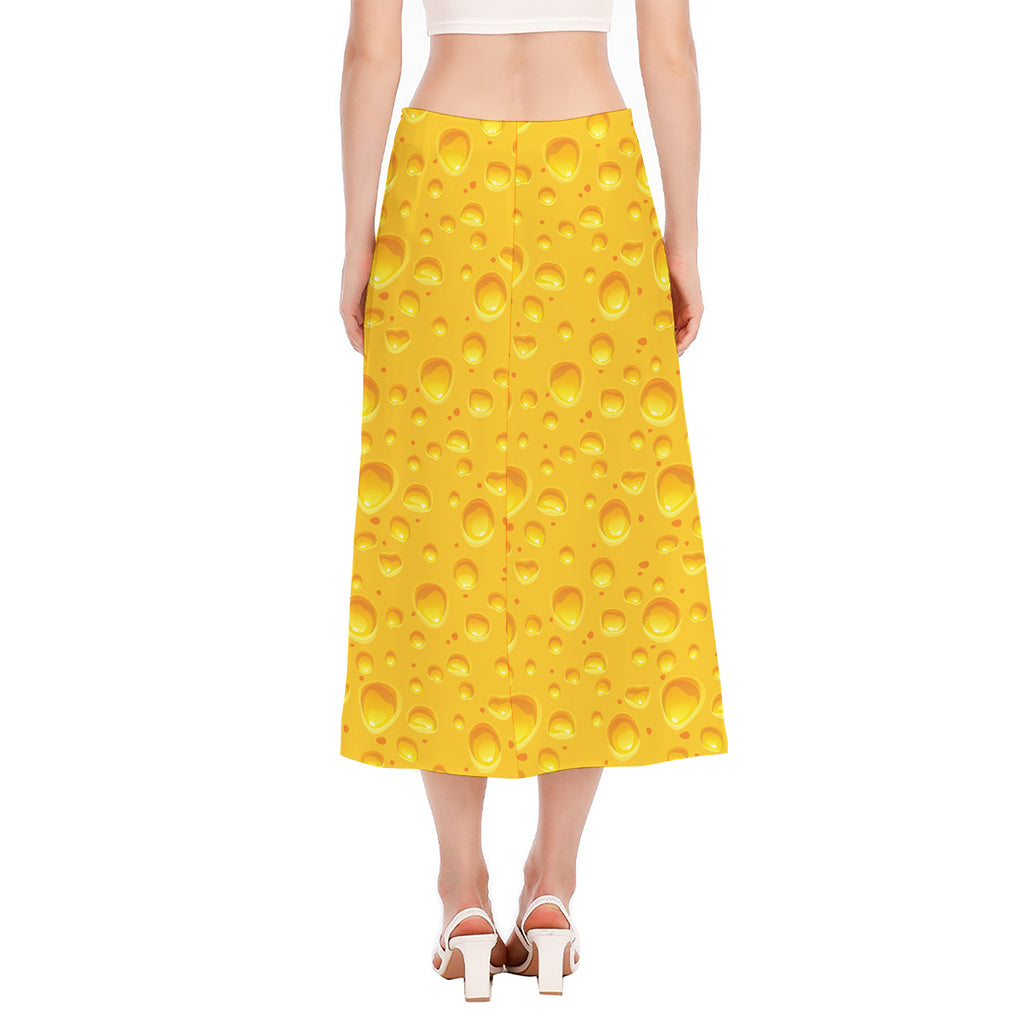 Yellow Cheese Print Side Slit Midi Skirt