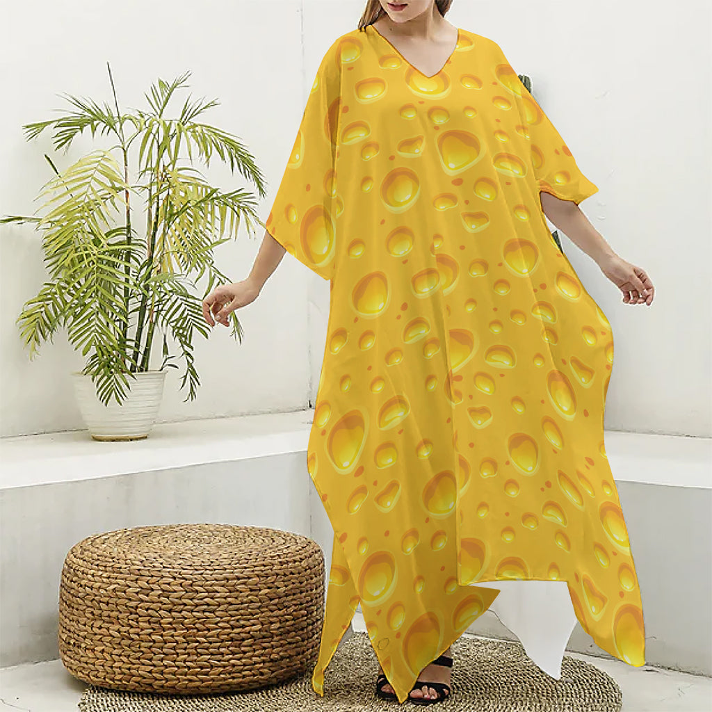 Yellow Cheese Print Silk V-Neck Kaftan Dress