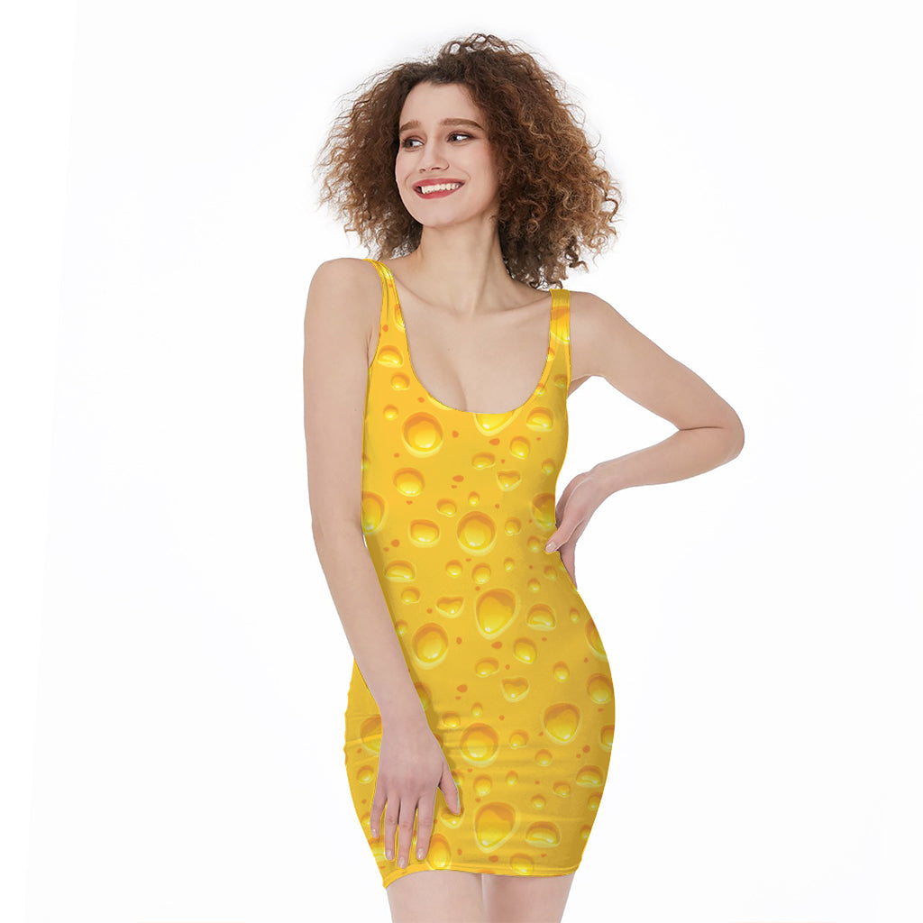 Yellow Cheese Print Sleeveless Bodycon Dress