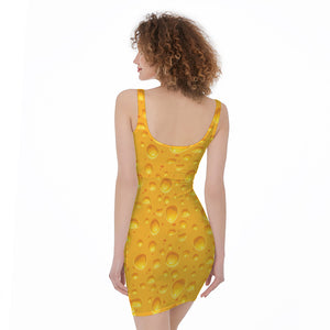 Yellow Cheese Print Sleeveless Bodycon Dress