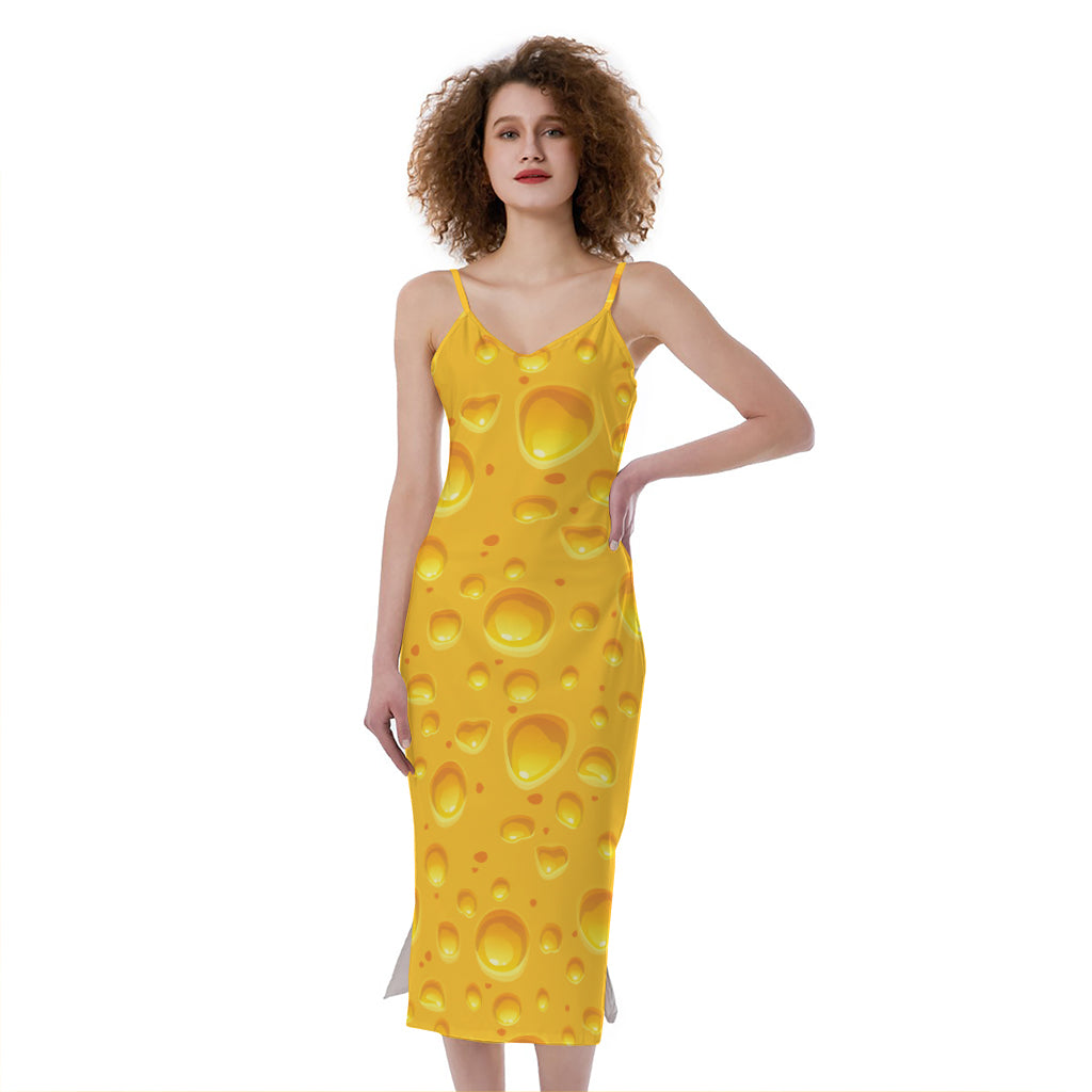 Yellow Cheese Print Slim Fit Midi Cami Dress