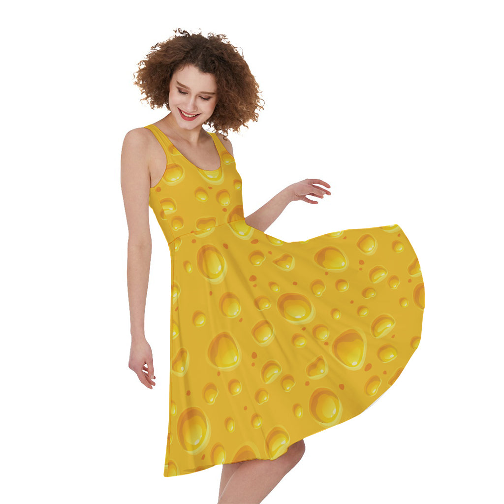 Yellow Cheese Print Women's Sleeveless Dress