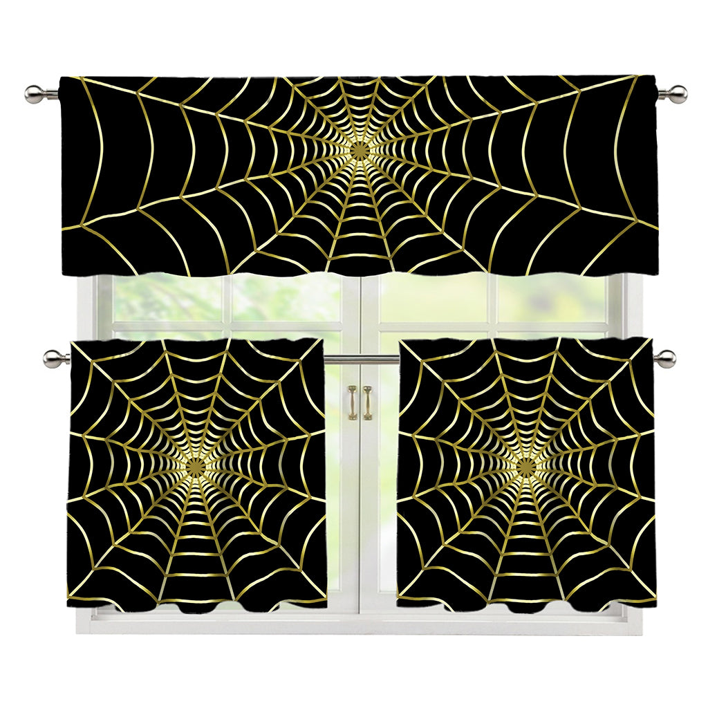 Yellow Cobweb Print 3 Piece Kitchen Curtains