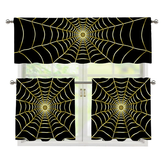 Yellow Cobweb Print 3 Piece Kitchen Curtains