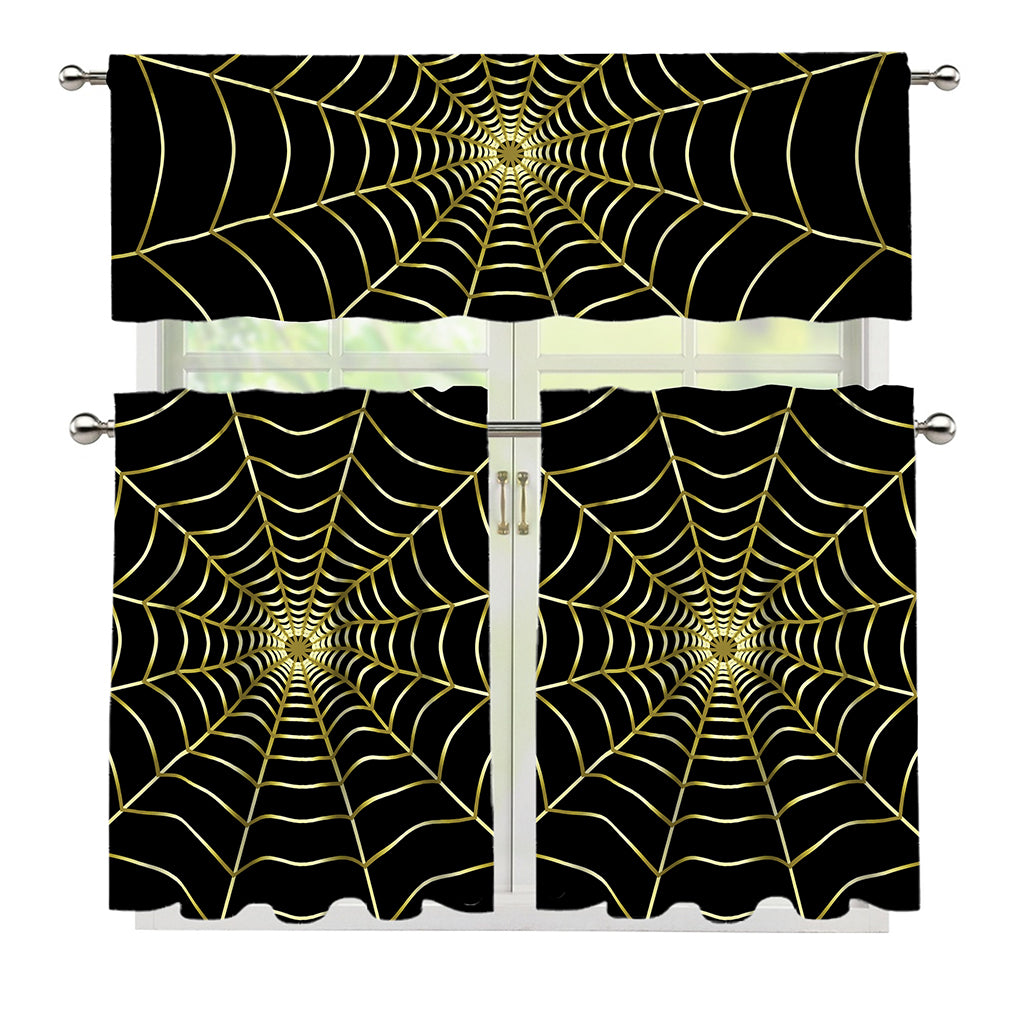 Yellow Cobweb Print 3 Piece Kitchen Curtains