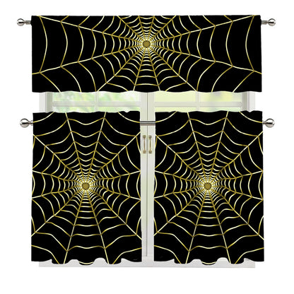 Yellow Cobweb Print 3 Piece Kitchen Curtains