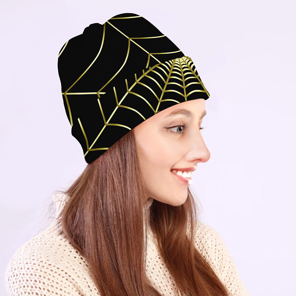 Yellow Cobweb Print Beanie
