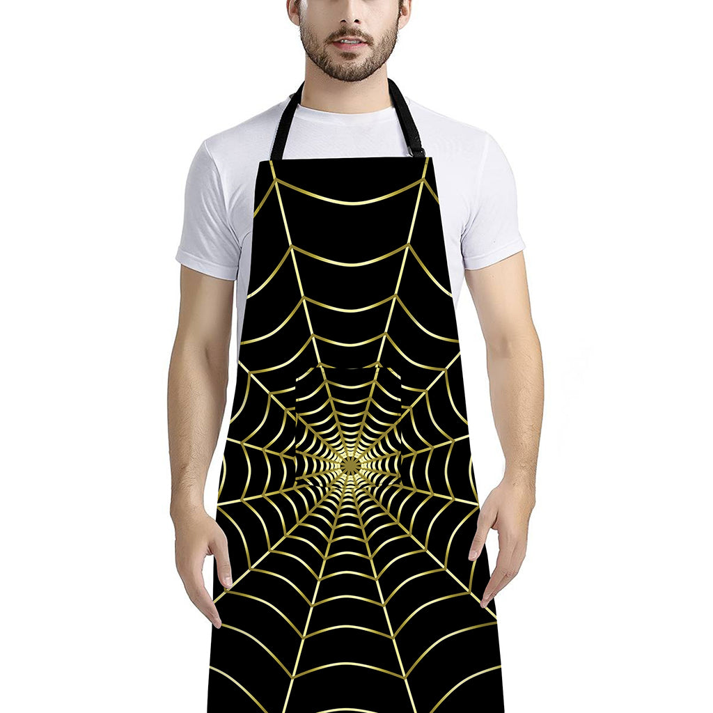 Yellow Cobweb Print Bib Apron With Pocket