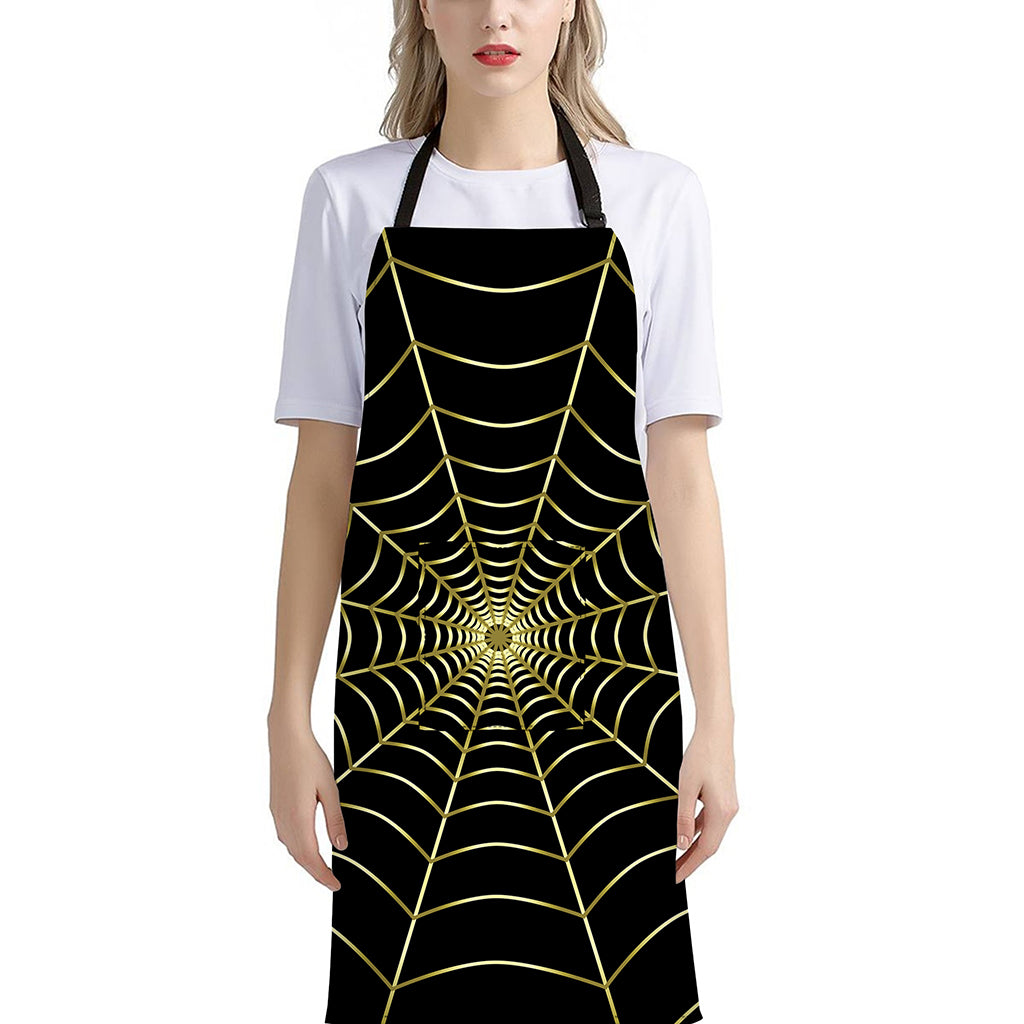 Yellow Cobweb Print Bib Apron With Pocket