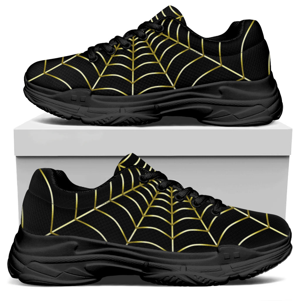 Yellow Cobweb Print Black Chunky Shoes