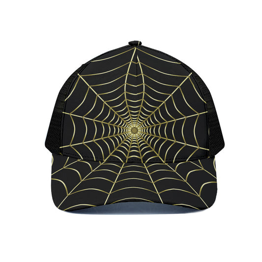 Yellow Cobweb Print Black Mesh Trucker Cap