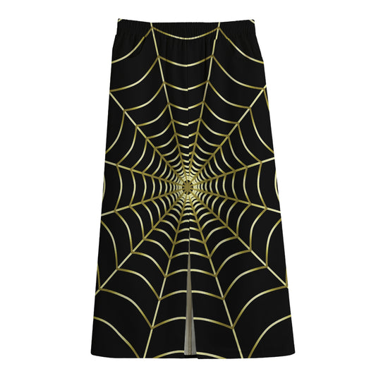 Yellow Cobweb Print Cotton Front Slit Maxi Skirt