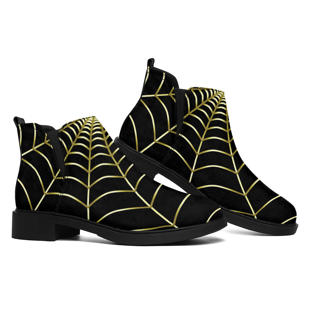 Yellow Cobweb Print Flat Ankle Boots