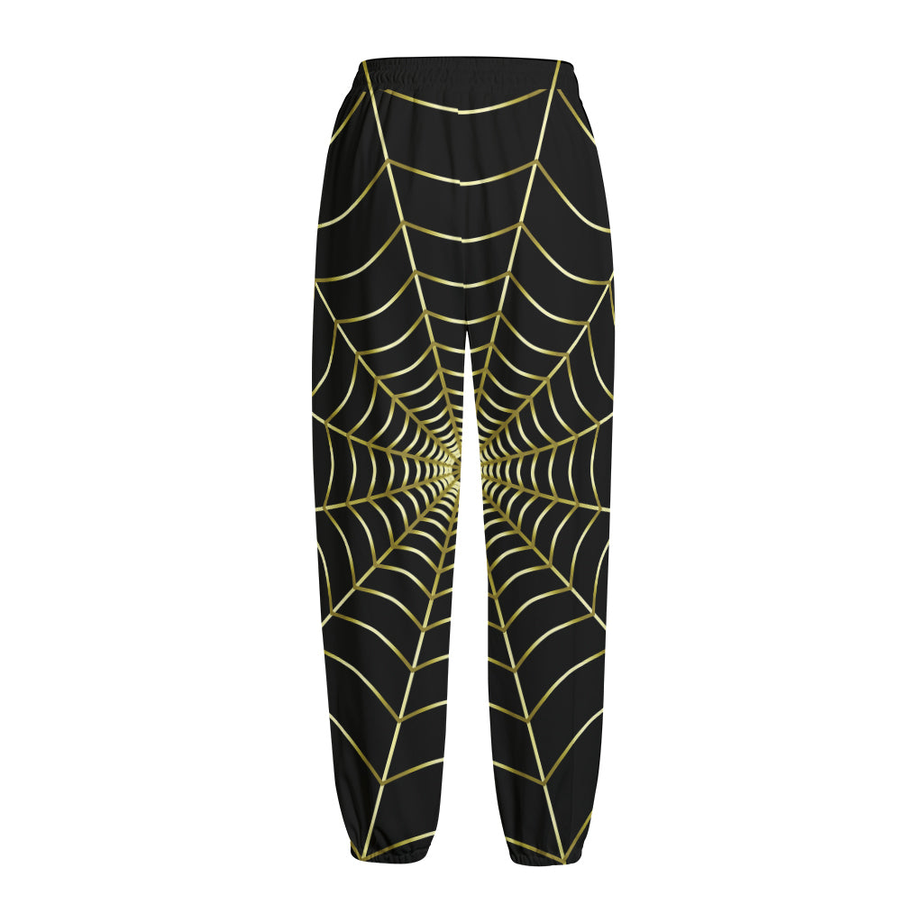 Yellow Cobweb Print Fleece Lined Knit Pants