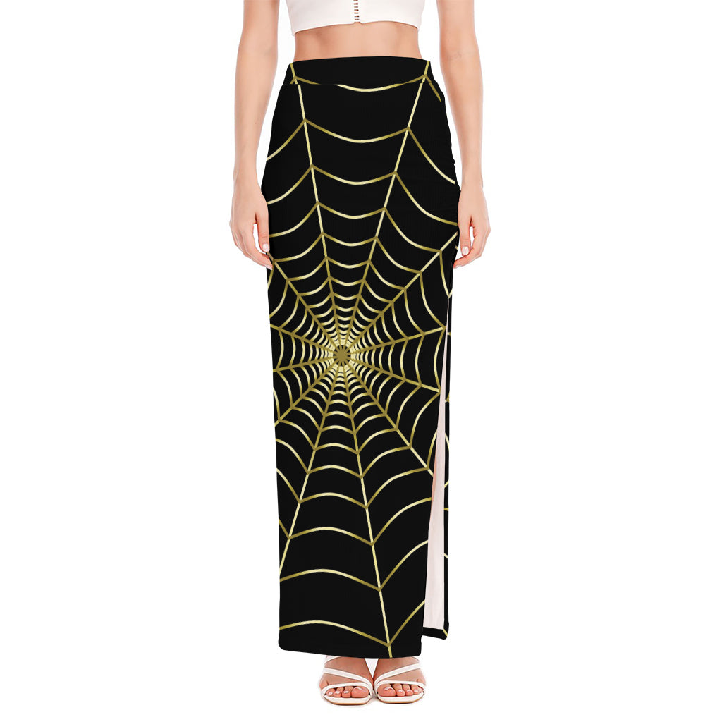 Yellow Cobweb Print High Slit Maxi Skirt