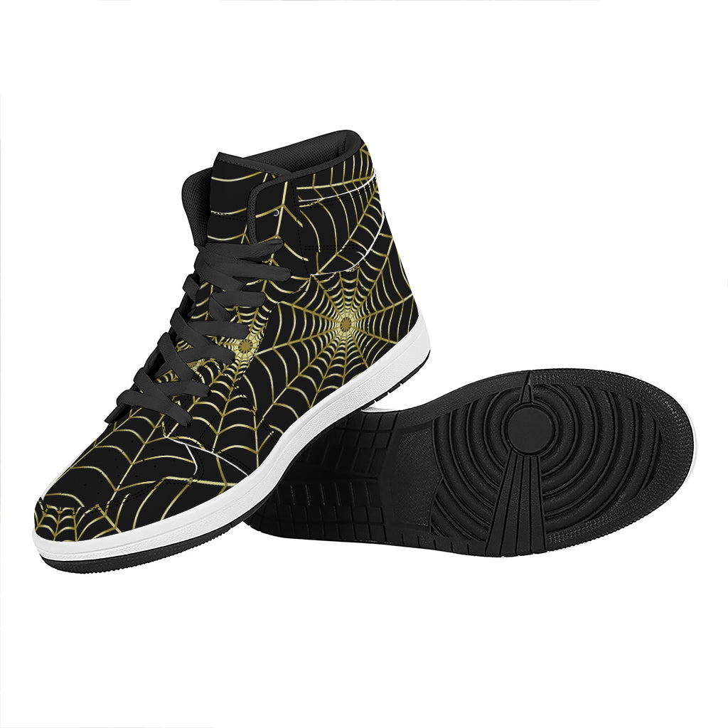 Yellow Cobweb Print High Top Leather Sneakers