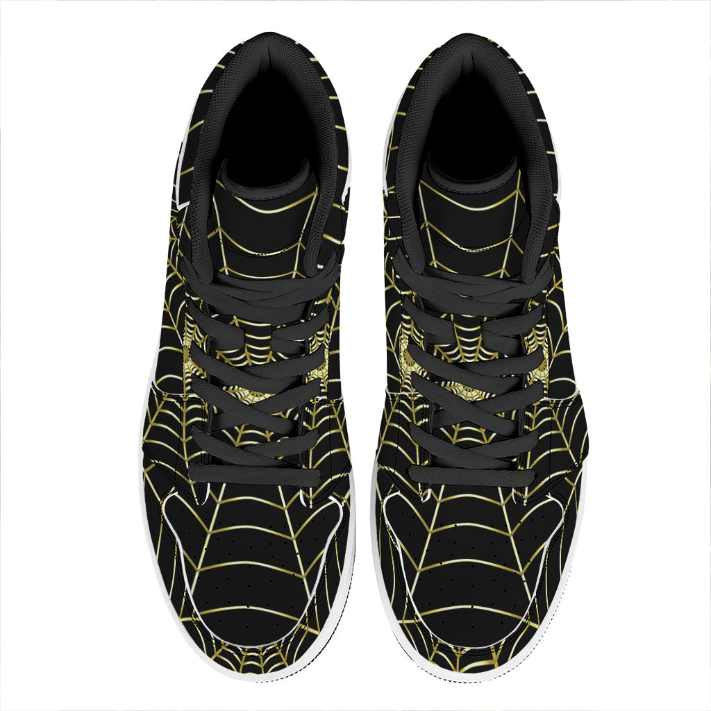 Yellow Cobweb Print High Top Leather Sneakers