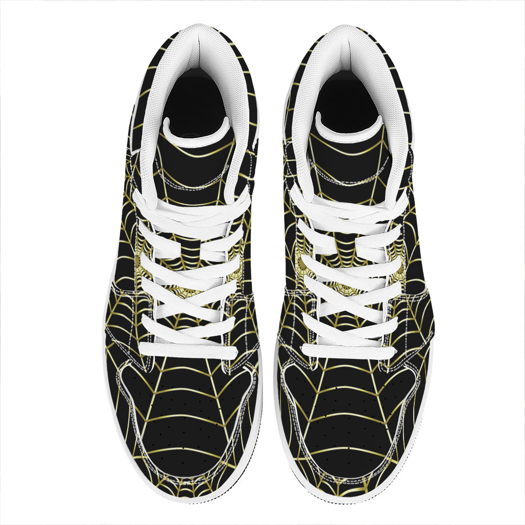 Yellow Cobweb Print High Top Leather Sneakers