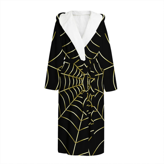 Yellow Cobweb Print Hooded Bathrobe