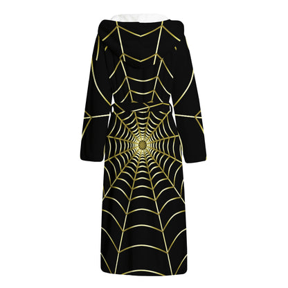 Yellow Cobweb Print Hooded Bathrobe