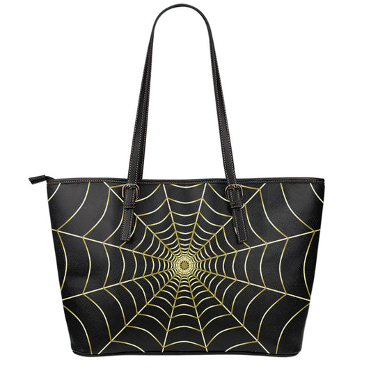 Yellow Cobweb Print Leather Tote Bag