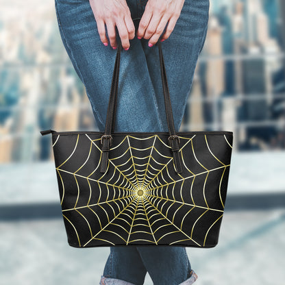 Yellow Cobweb Print Leather Tote Bag