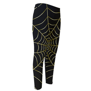 Yellow Cobweb Print Men's Compression Pants