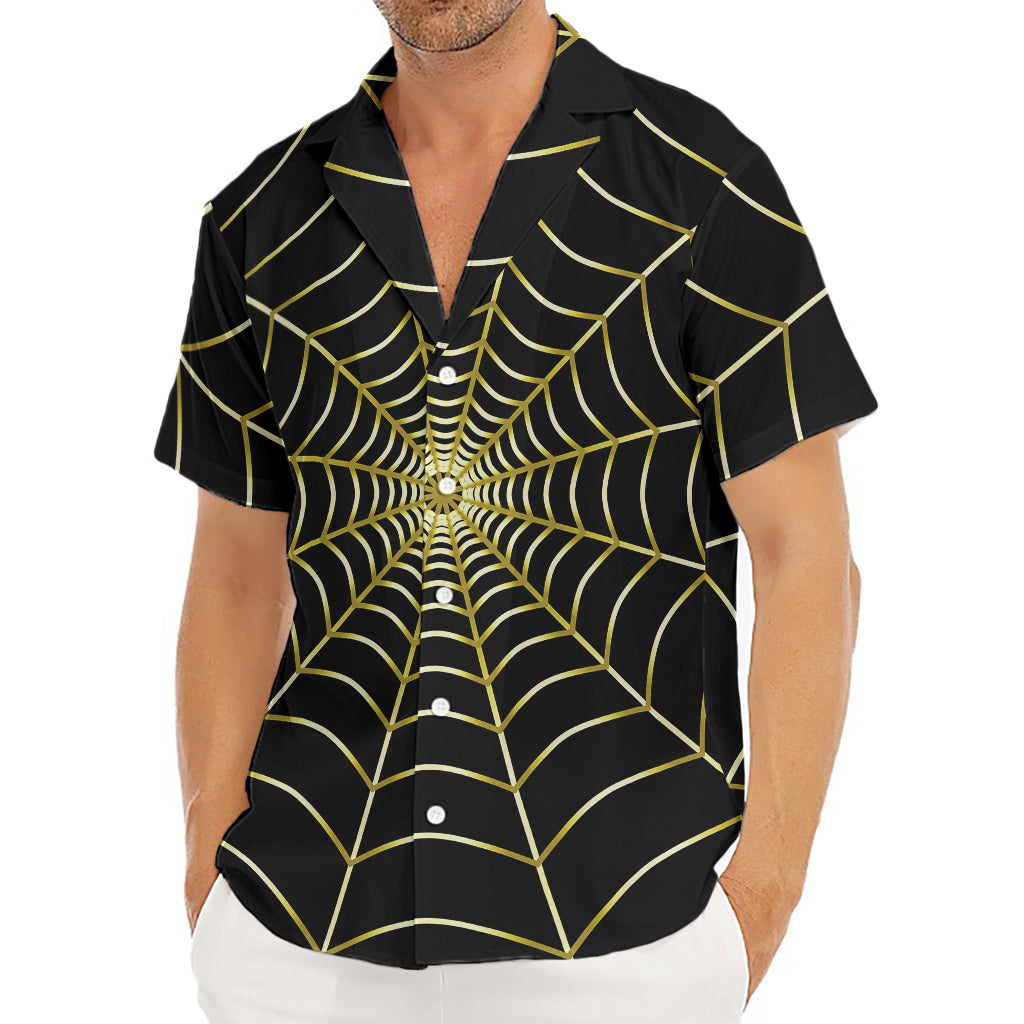 Yellow Cobweb Print Men's Deep V-Neck Shirt