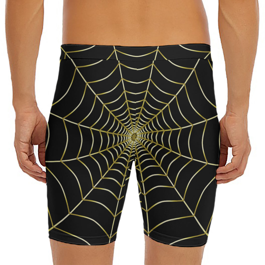 Yellow Cobweb Print Men's Long Boxer Briefs