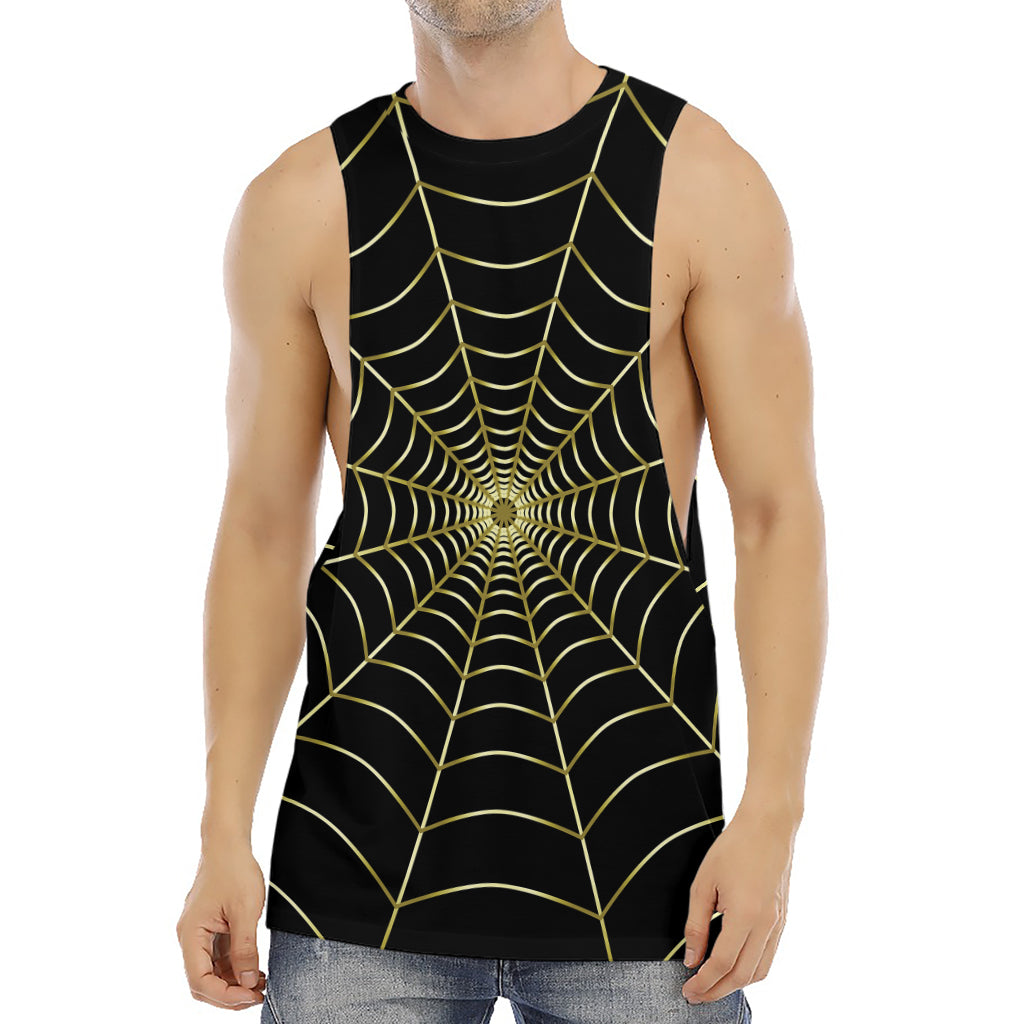 Yellow Cobweb Print Men's Muscle Tank Top