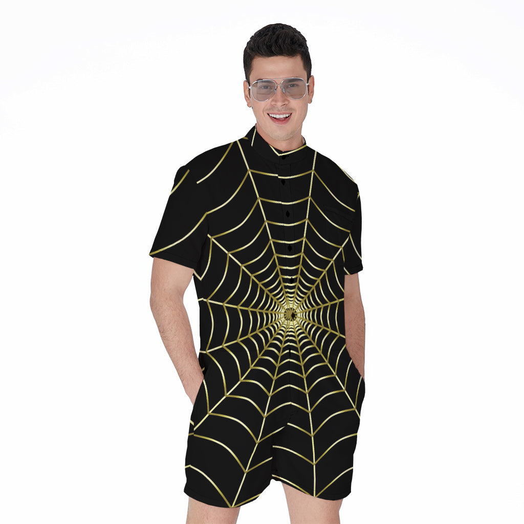 Yellow Cobweb Print Men's Rompers