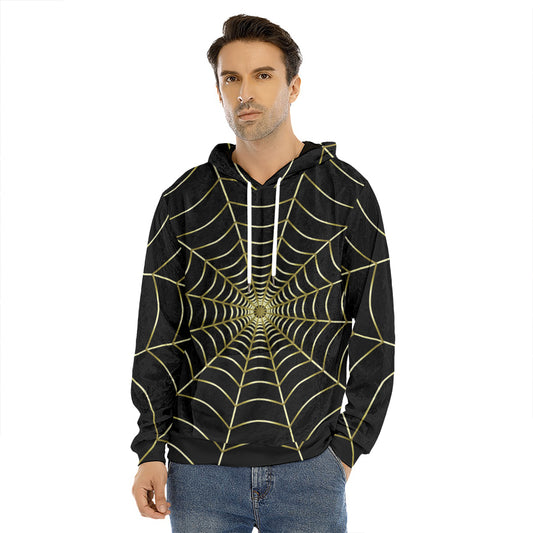 Yellow Cobweb Print Men's Velvet Pullover Hoodie