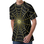Yellow Cobweb Print Men's Velvet T-Shirt
