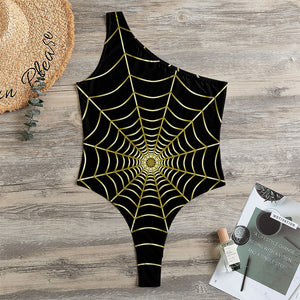 Yellow Cobweb Print One Shoulder Bodysuit