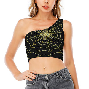 Yellow Cobweb Print One Shoulder Crop Top