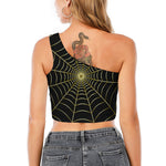 Yellow Cobweb Print One Shoulder Crop Top