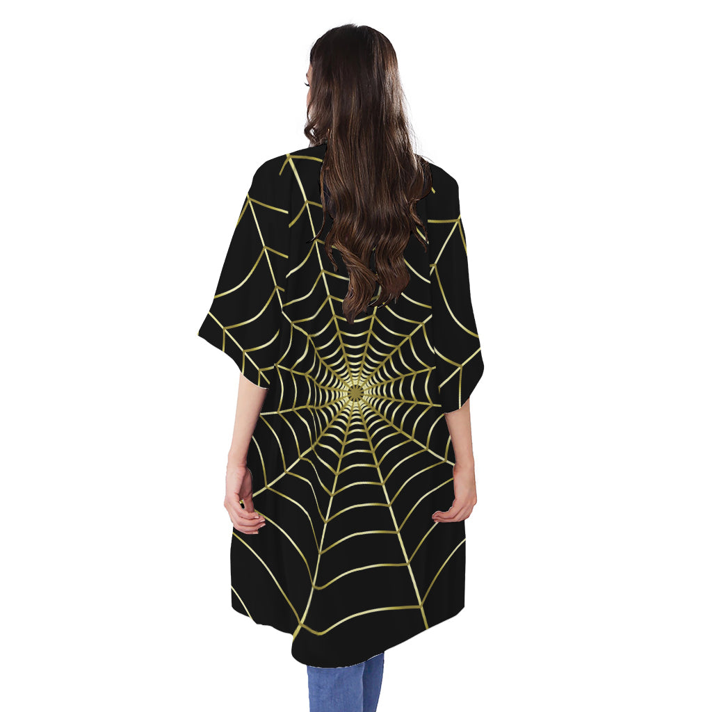 Yellow Cobweb Print Open Front Beach Cover Up