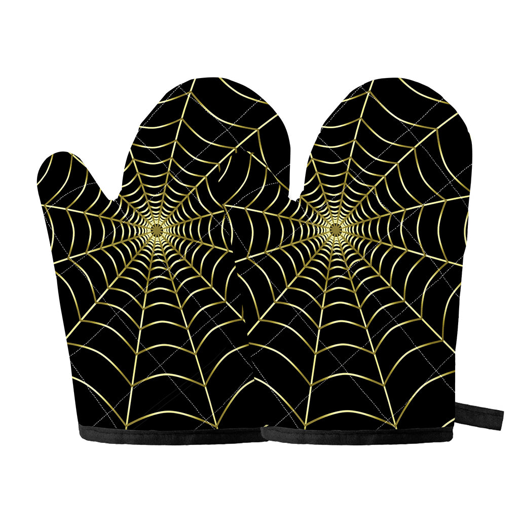 Yellow Cobweb Print Oven Mitts