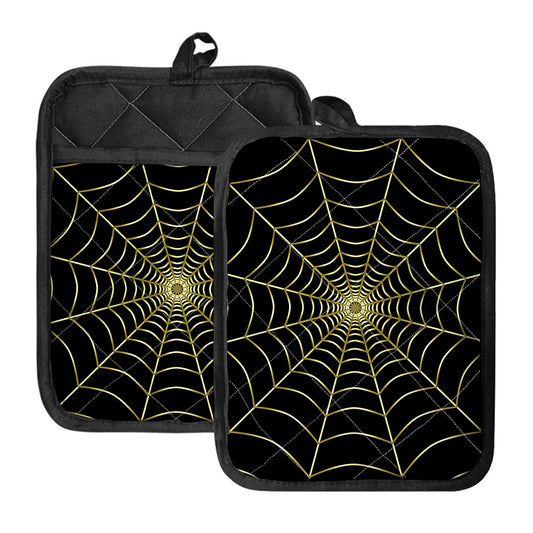 Yellow Cobweb Print Pot Holders With Pocket