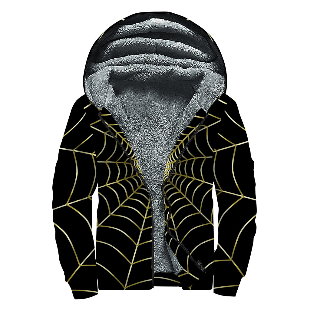 Yellow Cobweb Print Sherpa Lined Zip Up Hoodie