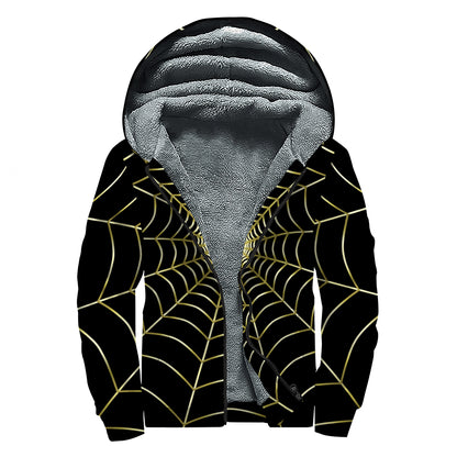 Yellow Cobweb Print Sherpa Lined Zip Up Hoodie