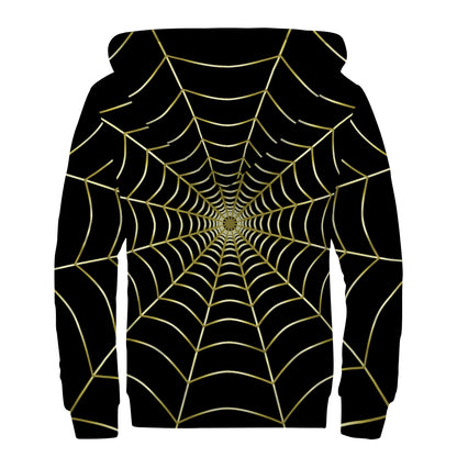 Yellow Cobweb Print Sherpa Lined Zip Up Hoodie