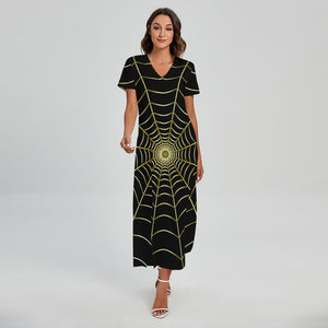 Yellow Cobweb Print Short Sleeve Maxi Dress